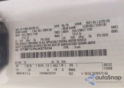 2018 Ford F-150 Xl z USA, uszkodzony, nr VIN 1FTMF1CP0JKE76334